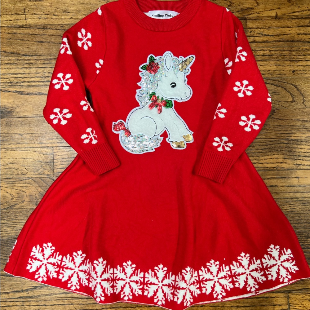 Red Christmas Unicorn Girls Knit Dress 4t